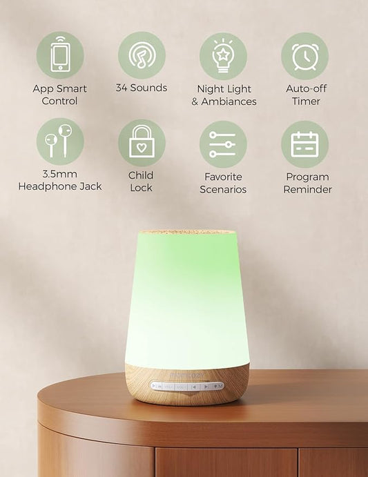 Baby Sound Machine, Momcozy White Noise Machine for Baby Sleeping with Night Light, Toddler Sleep Trainer with 34 Soothing Sounds, Timer, App Remote Control, Personal Sleep Routine(Wood Grain)