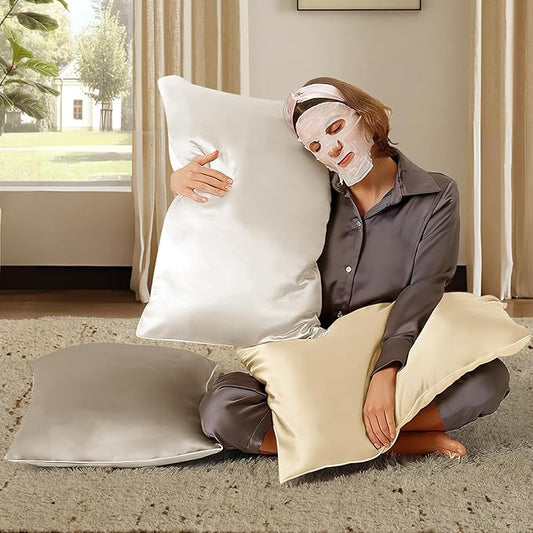 BHZ Satin Goose Down Feather Pillows Standard Size Set of 2 with White Satin Pillowcase for Hair and Skin, Cooling Pillow Cases Similar to Silk Pillow Cases, Decor for Women, Mom Men