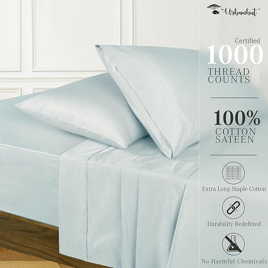 URBANHUT 1000 Thread Count Queen Sheet Set Egyptian Cotton, Long Staple Soft & Breathable, 4 Pc Bed Sheet Sets, Luxury Hotel Sateen Sheets Fits 16" Deep Pocket - Light Blue