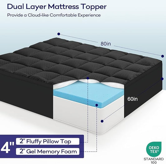 OLANLY Dual-Layer 4 Inch Queen Size Memory Foam Mattress Topper for Back Pain, 2 Inch Cooling Pillow Top Mattress Pad Cover and 2 Inch Gel Memory Foam Topper, Deep Elastic Pocket, Black