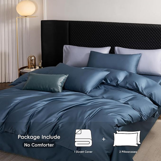 MooMee Duvet Cover Set 100% Extra Long Staple Cotton 600 Thread Count Silky Sateen Smooth Luxury Soft Breathable Durable Hotel Quality Bedding, 3 Pieces (Dark Blue, King 104"x90")