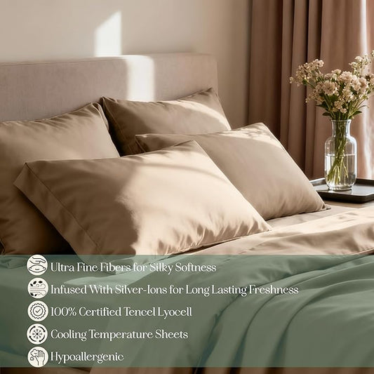 CASILVA Eucalyptus Sheets - Infused with Silver for Anti-Odor, Softer Than Silk Fibers, More Cooling Than Cotton - Perfect for Hot Sleepers & Sensitive Skin - 100% Tencel Lyocell - King Sheet Set