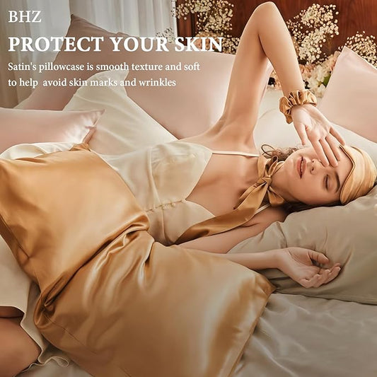 BHZ Satin Goose Down Feather Pillows Queen Size with Beige Satin Pillowcase for Hair and Skin, Cooling Pillow Cases Similar to Silk Pillow Cases, Decorative for Women, Mom Men