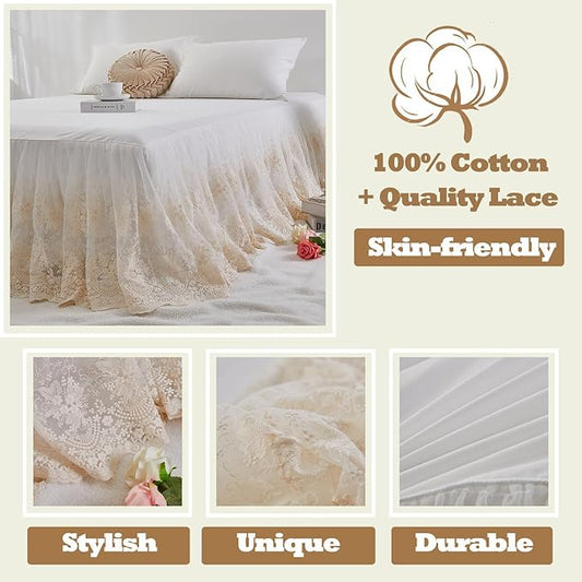 Brandream Lace Bed Skirt Full Size Cream White 18 Inch Drop Romantic Bed Sheets Cover Split Corners