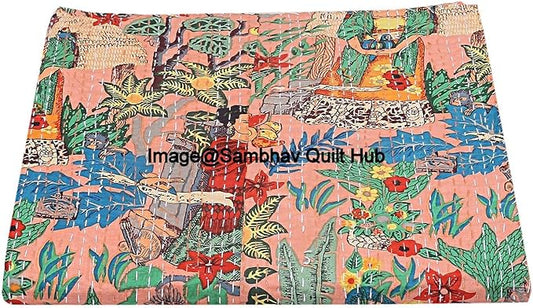 Floral Printed Cotton Quilted Blanket Indian Handmade Bedspread Kantha Work Bohemian Bed Decor Throw Blanket Twin/King/Queen (Twin 60"x90" with Pillow Cover)