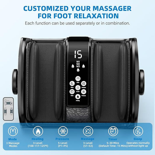 Foot Massager with Heat, 3 Heating Therapy 5 Intensity, Deep Kneading Rolling for Calf-Feet-Arm Circulation, Plantar Fasciitis and Pain Relief