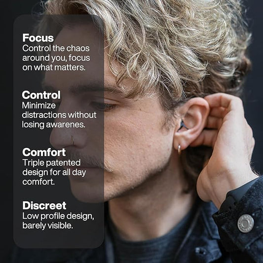 EarPeace Everyday Ear Plugs for Noise Reduction & Noise Control – High-Fidelity Earplugs, Comfortable & Reusable Earplugs for Travel, Sleep, Work, Snoring Blocking, Includes Carrying Case – Black