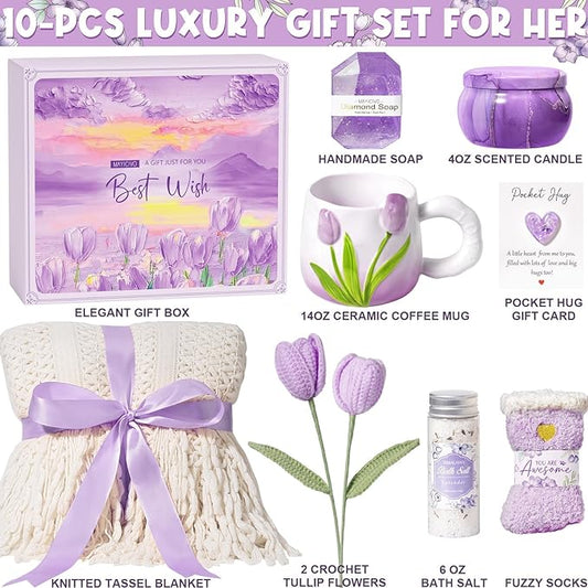 Birthday Gifts for Women Self Care Set Get Well Soon Gift Baskets, Relaxing Lavender Spa Gift Basket Care Package for Women, Unique Christmas Mom Gifts for Her Girlfriend Sister Friend Wife Grandma