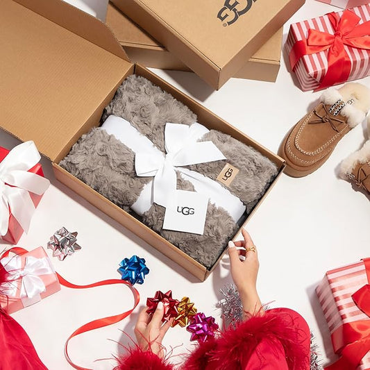 UGG Adalee Faux Fur Throw Blanket Luxury Lightweight Cozy Soft Throw for Couch Bed or Chair Hypoallergenic Machine Washable Double-Sided Fluffy Blanket Home Decor, 50-inch x 70-inch, Oyster Brown