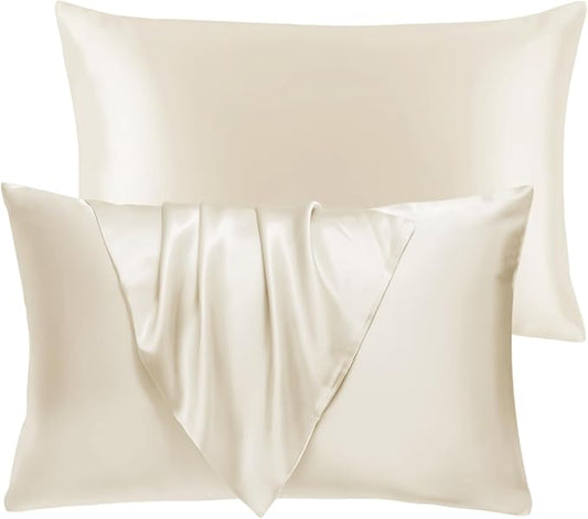 BHZ Satin Goose Down Feather Pillows King Size Set of 2 with Beige Satin Pillowcase for Hair and Skin, Cooling Pillow Cases Similar to Silk Pillow Cases, Decorative for Women, Mom Men