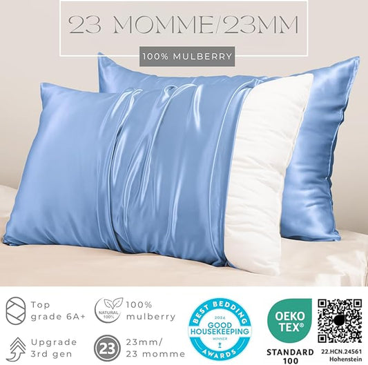 PROMEED 23 Momme Silk Pillowcase 2 Pack for Hair and Skin, 3rd Gen Grade 6A+ 100% Mulberry Silk Pillow Case Set of 2, Cooling Pillow Cases for Hot Sleepers (Standard 20"x26", Light Blue)