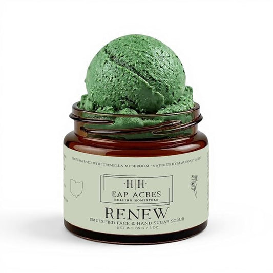 Emulsified Face Sugar Scrub, Organic squalane oil/Castor oil: Tremella Mushroom/Chamomile/Gotu Kola/Calendula/White Kaolin Clay, Manuka Honey-Gentle exfoliant-Dry/Sensitive/Mature skin (RENEW)