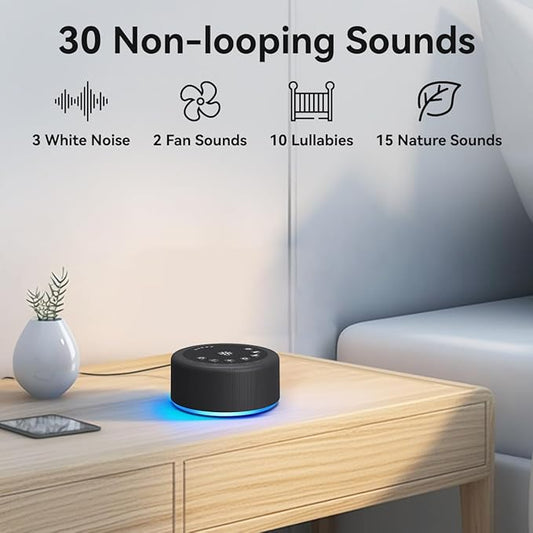 Sleep Sound Machine White Noise Machine with 30 Non Looping Sounds 12 Night light Colors with 5 Timers 36 Adjustable Volume Memory Function Brown Noise Machine for Baby kid Adult & Home Nursery Travel