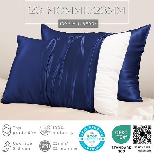 PROMEED 23 Momme Silk Pillowcase 2 Pack with Zipper, 3rd Gen Grade 6A+ 100% Mulberry Silk Pillow Case Set of 2, Cooling Pillow Cases for Hot Sleepers (Standard 20"x26", Navy)