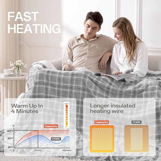 Heated Blanket Electric Throw, 50X60 Heating Throw with 8 Heating Levels & 8 Time Settings, Grey Plaid Washable Warm Soft Flannel Blanket Gift for Couch Bed Office, ETL Certified