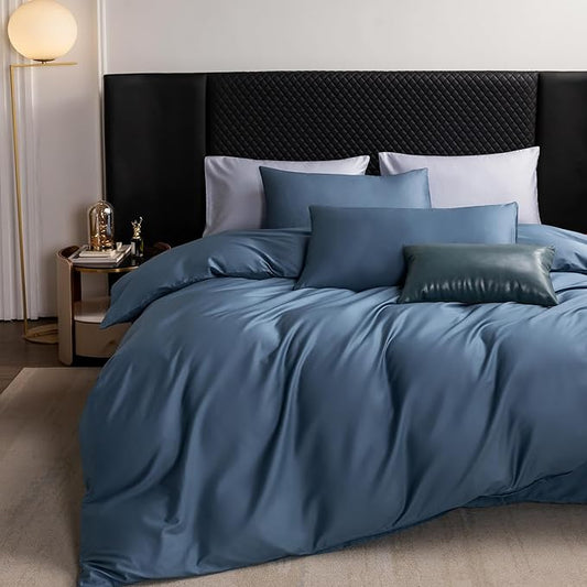 MooMee Duvet Cover Set 100% Extra Long Staple Cotton 600 Thread Count Silky Sateen Smooth Luxury Soft Breathable Durable Hotel Quality Bedding, 3 Pieces (Dark Blue, King 104"x90")
