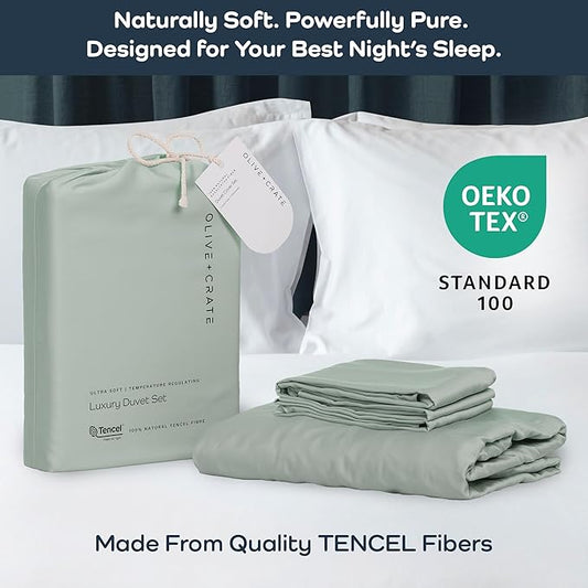 Olive + Crate Tencel Eucalyptus Cooling Duvet Cover Set - Hypoallergenic, Lyocell Tencel Duvet Cover - Soft, Temperature Regulating with Hidden Button Closure & Corner Ties - King Size [Spring Sage]