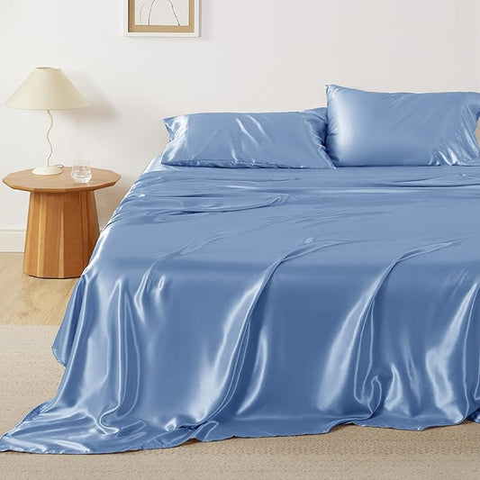 Bedsure Satin Sheets Full Size - 4 Piece Silky Bedsheets with 15 Inches Deep Pocket Fitted Bedsheet,1 Flat Sheet, 2 Satin Pillowcases, Good for Hair & Skin (Full, Sky Blue)