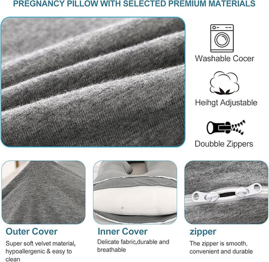 Pregnancy Pillow J-Shaped Full Body Pillow,59 inch with Jersey Cover Easy to Remove and Wash, Support Pregnant Women's Backs Legs and HIPS, Improve Sleep,Pregnancy Pillow for Women ，Dark Grey