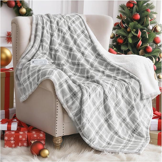 Heated Blanket Electric Throw, 50X60 Heating Throw with 8 Heating Levels & 8 Time Settings, Grey Plaid Washable Warm Soft Flannel Blanket Gift for Couch Bed Office, ETL Certified